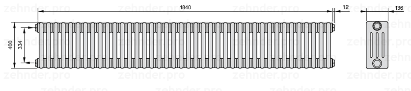 Схема (чертеж) Радиатор Zehnder Charleston 4040/40 №1270 Белый глянцевый RAL 9016